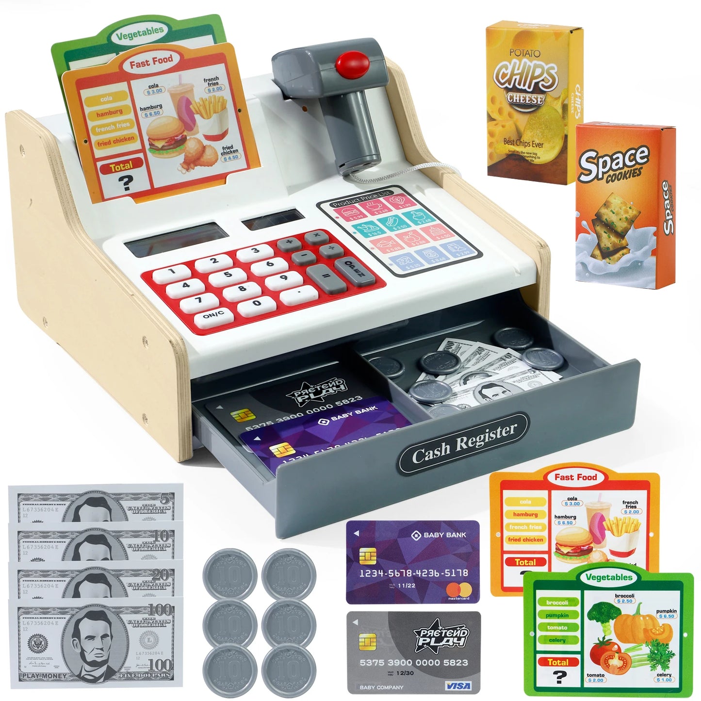 Educational Wooden Pretend Play Cash Register With Real Calculator Included For Ages 3 To 6 - ToylandEU