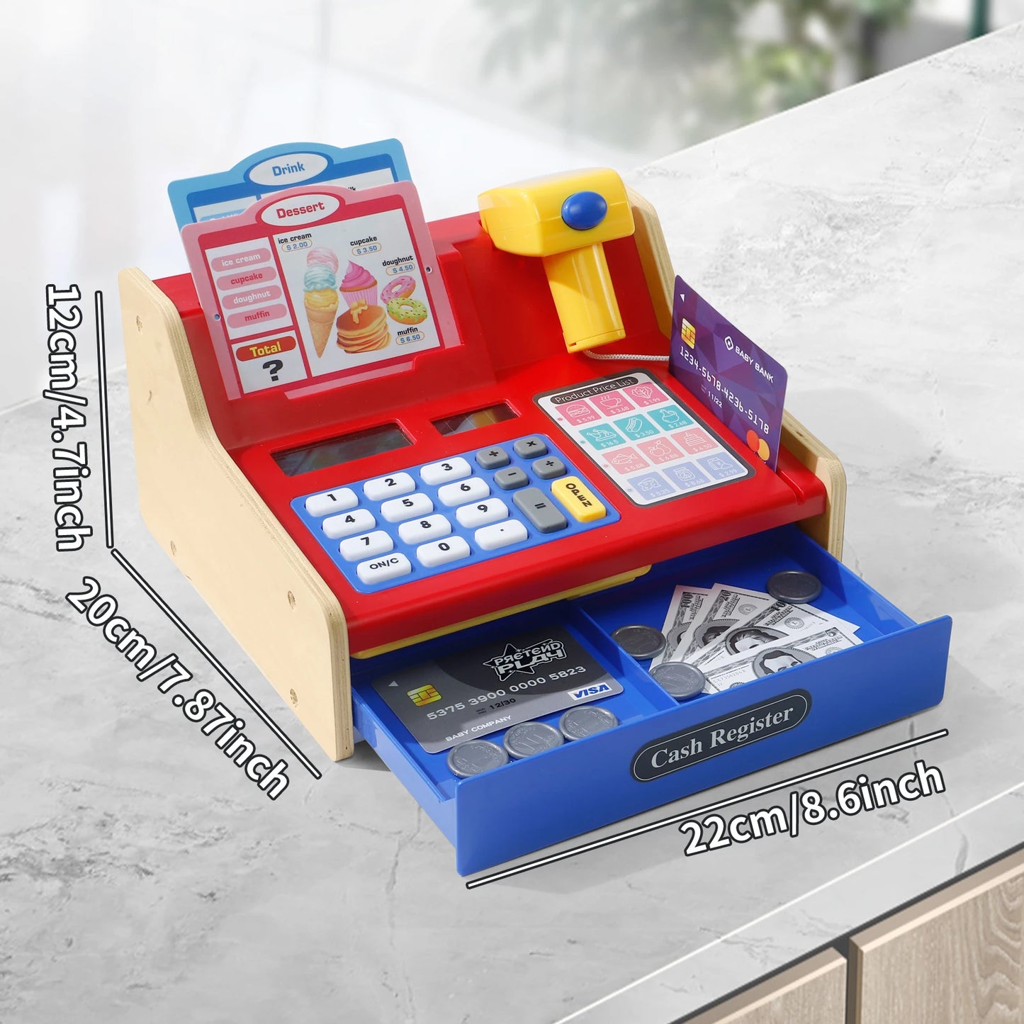 Educational Wooden Pretend Play Cash Register With Real Calculator Included For Ages 3 To 6 - ToylandEU