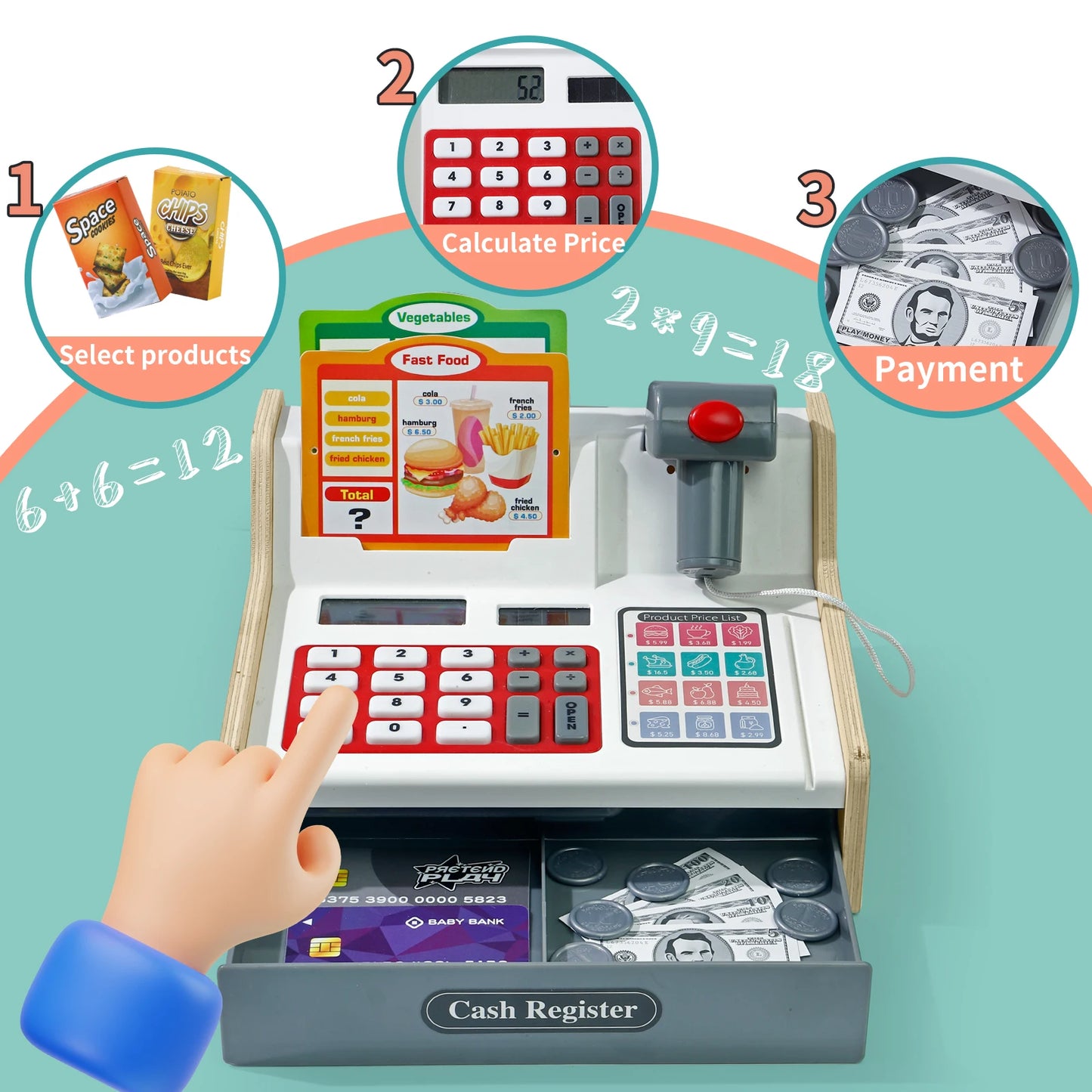 Educational Wooden Pretend Play Cash Register With Real Calculator Included For Ages 3 To 6 - ToylandEU