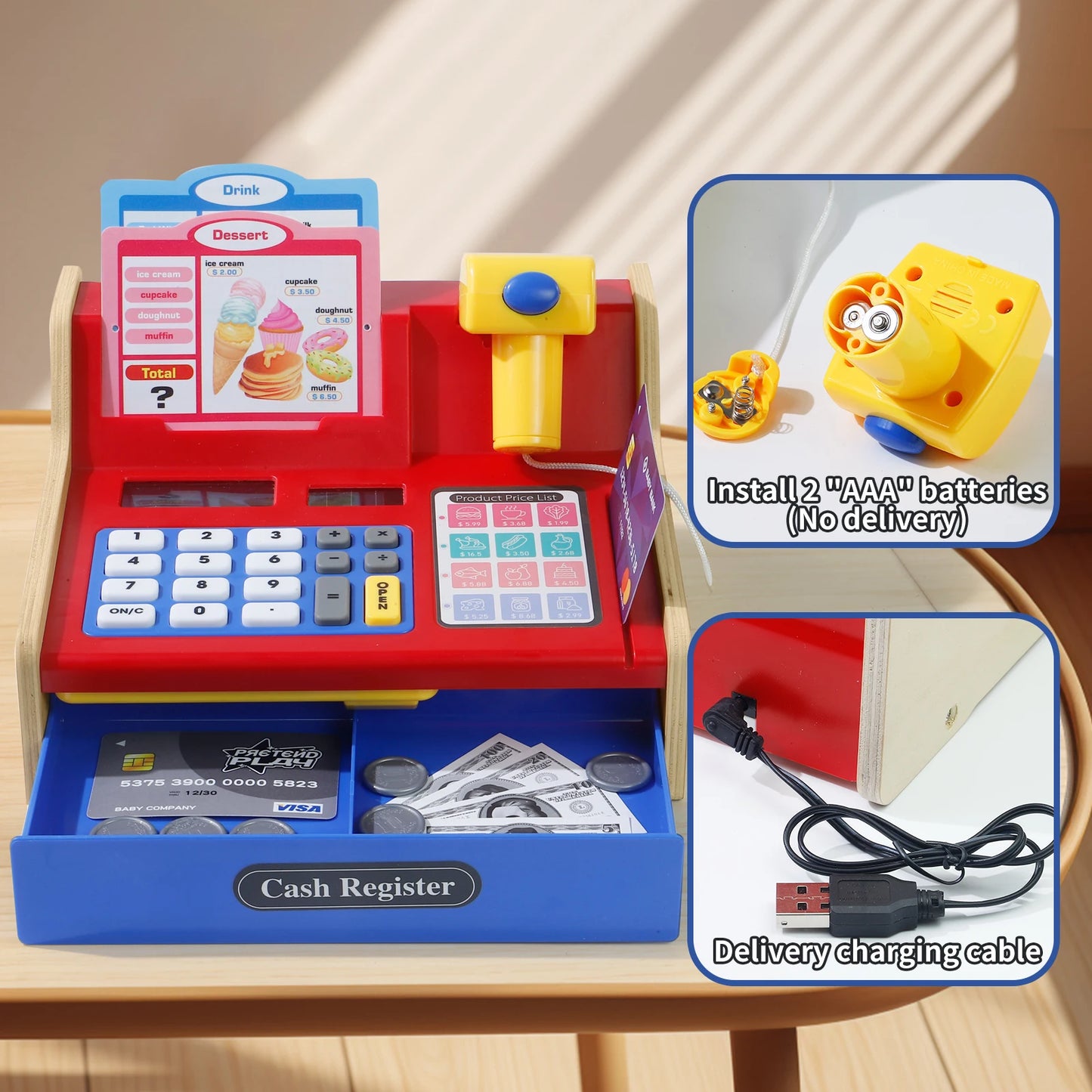 Educational Wooden Pretend Play Cash Register With Real Calculator Included For Ages 3 To 6 - ToylandEU
