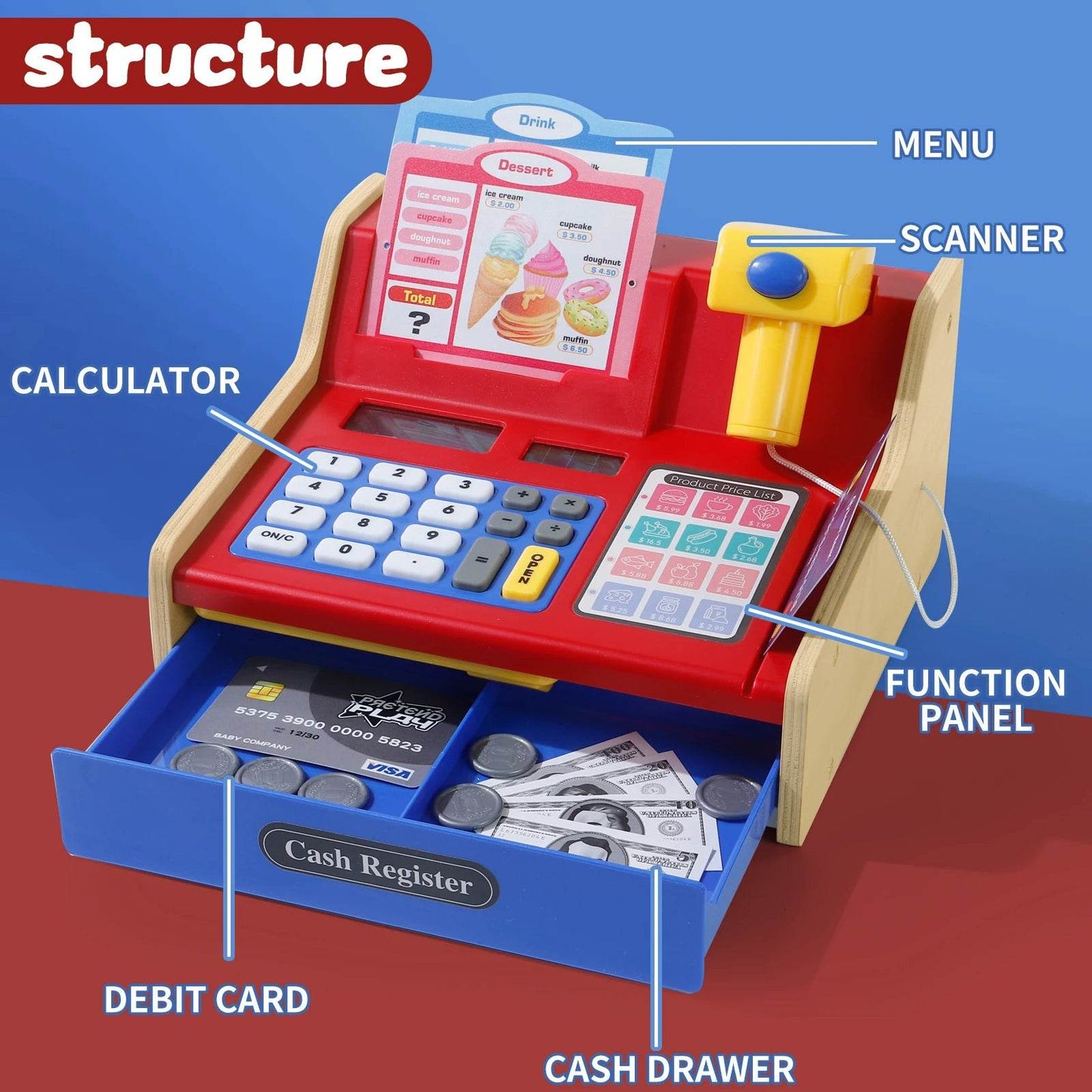 Educational Wooden Pretend Play Cash Register With Real Calculator Included For Ages 3 To 6 - ToylandEU