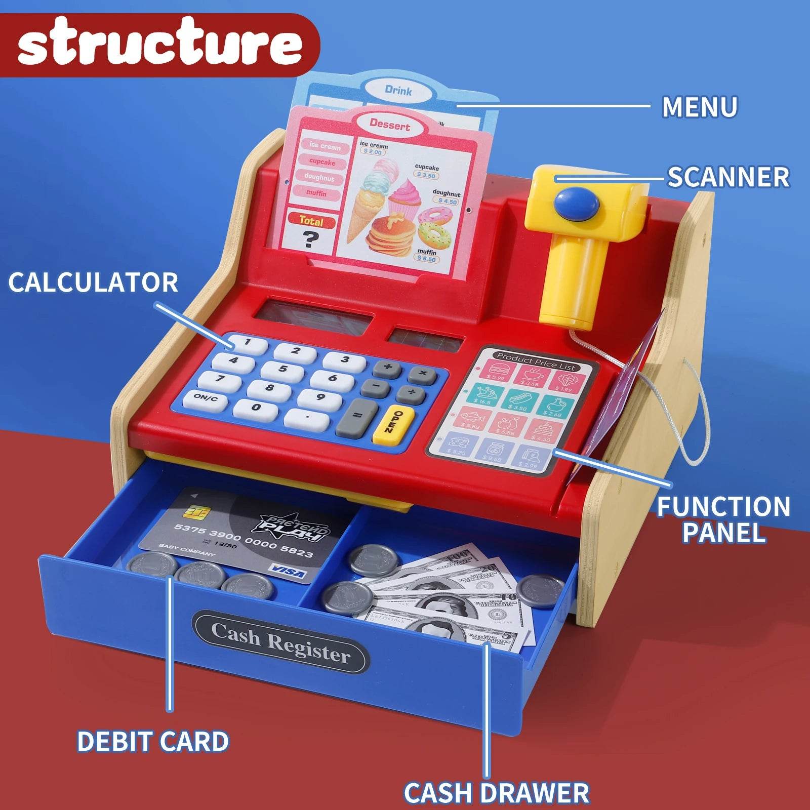 Educational Wooden Pretend Play Cash Register With Real Calculator Included For Ages 3 To 6 - ToylandEU