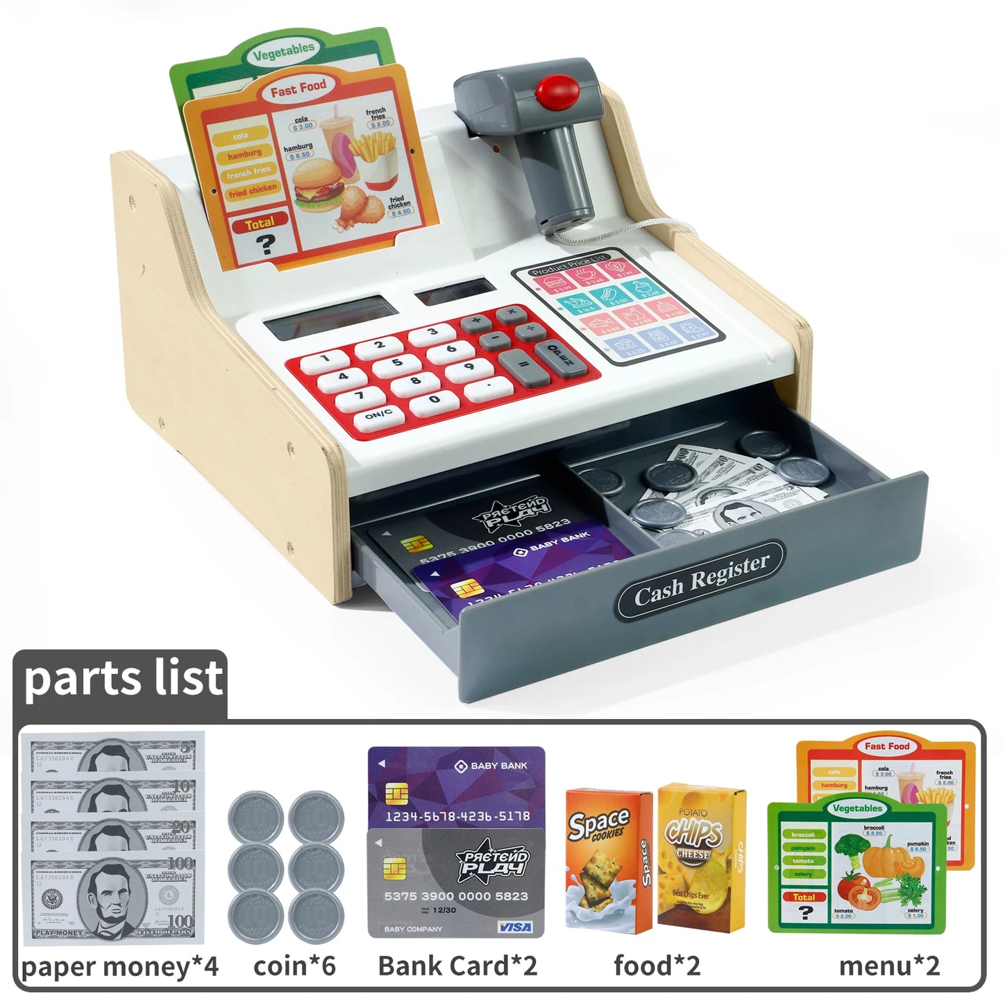 Educational Wooden Pretend Play Cash Register With Real Calculator Included For Ages 3 To 6 - ToylandEU