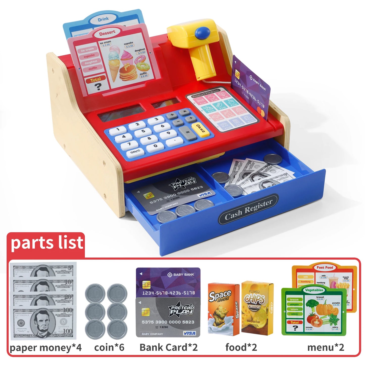 Educational Wooden Pretend Play Cash Register With Real Calculator Included For Ages 3 To 6 - ToylandEU
