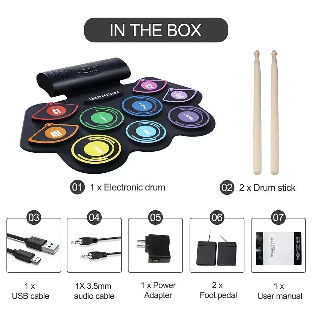 Electronic Roll Up 9 Pads Drum Kit Built In Speaker - ToylandEU