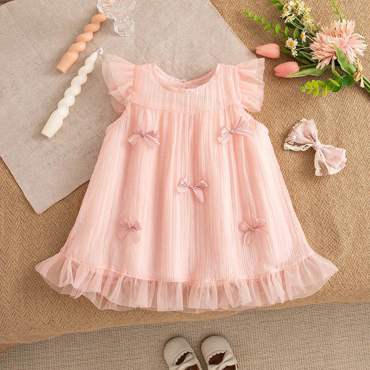 Elegant Baby Dress Gauze Flying Sleeve Bow Embellishment Pink Toddler Girls Birthday Party - ToylandEU