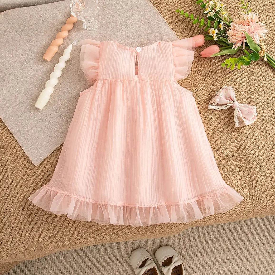 Elegant Baby Dress Gauze Flying Sleeve Bow Embellishment Pink Toddler Girls Birthday Party - ToylandEU