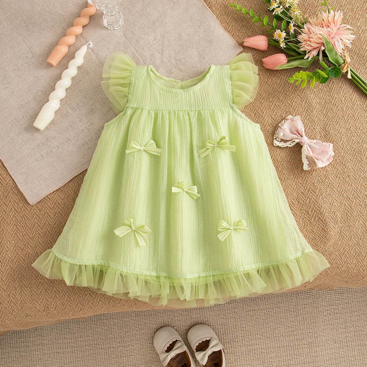 Elegant Baby Dress Gauze Flying Sleeve Bow Embellishment Pink Toddler Girls Birthday Party - ToylandEU