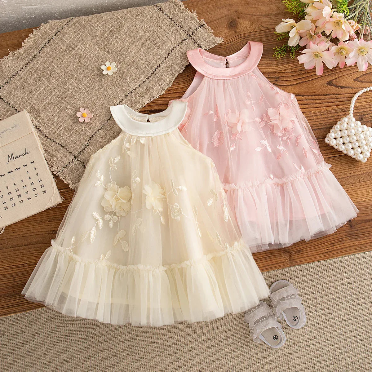 Elegant Baby Girl Dress Embroidered Floral Sleeveless For Weddings - ToylandEU
