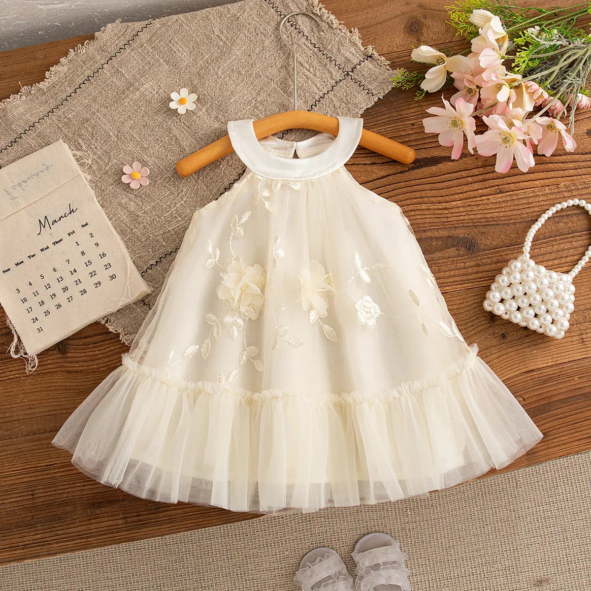 Elegant Baby Girl Dress Embroidered Floral Sleeveless For Weddings - ToylandEU