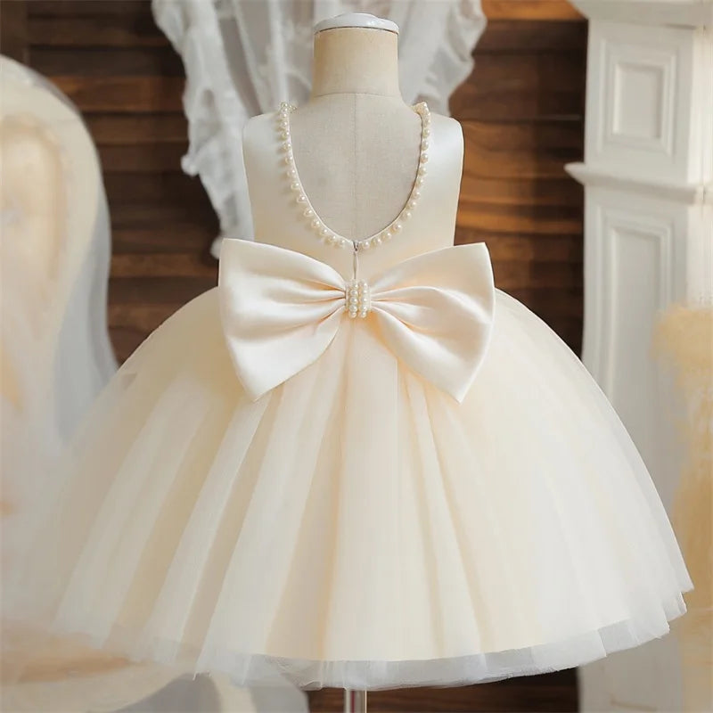 Elegant Baby Girl Dress For First Birthday Party With Big Bow Pearls Backless Tulle Gown For Infants - ToylandEU