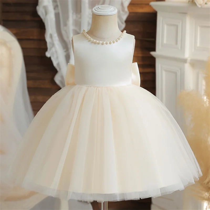 Elegant Baby Girl Dress For First Birthday Party With Big Bow Pearls Backless Tulle Gown For Infants - ToylandEU
