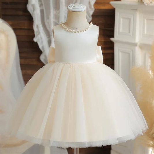Elegant Baby Girl Dress For First Birthday Party With Big Bow Pearls Backless Tulle Gown For Infants - ToylandEU