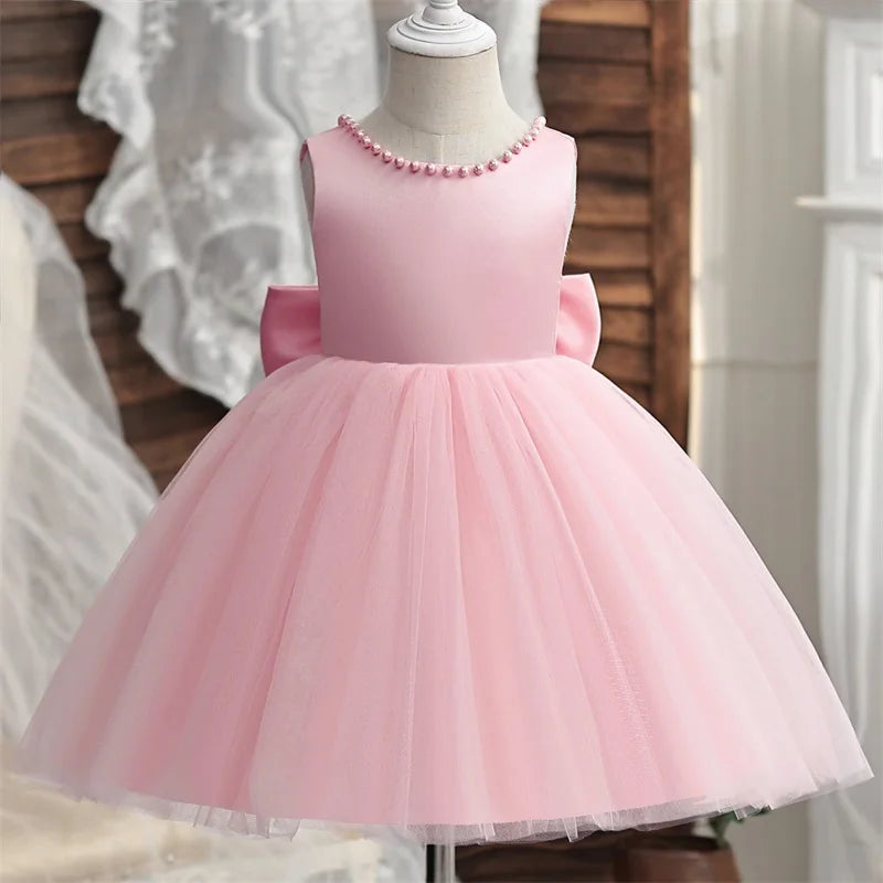 Elegant Baby Girl Dress For First Birthday Party With Big Bow Pearls Backless Tulle Gown For Infants - ToylandEU