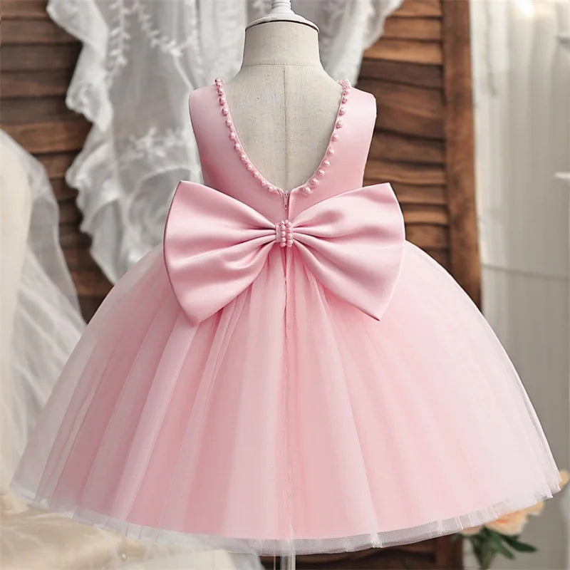 Elegant Baby Girl Dress For First Birthday Party With Big Bow Pearls Backless Tulle Gown For Infants - ToylandEU