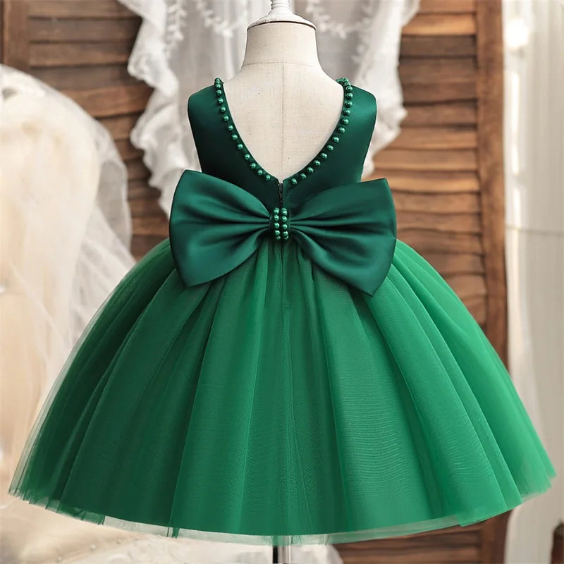 Elegant Baby Girl Dress For First Birthday Party With Big Bow Pearls Backless Tulle Gown For Infants - ToylandEU
