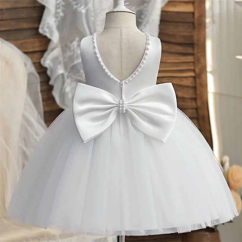 Elegant Baby Girl Dress For First Birthday Party With Big Bow Pearls Backless Tulle Gown For Infants - ToylandEU