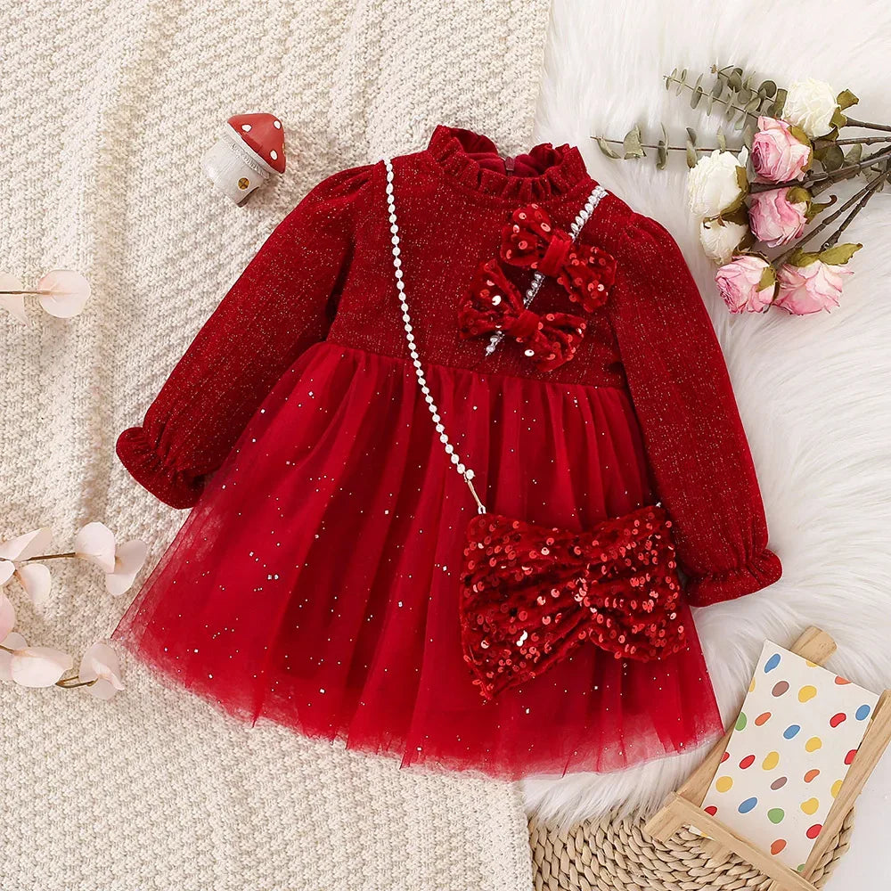 Elegant Baby Girl Dress Red Mesh Collar Pearl For Spring And Autumn - ToylandEU