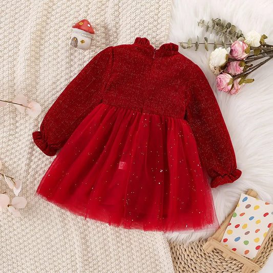 Elegant Baby Girl Dress Red Mesh Collar Pearl For Spring And Autumn - ToylandEU