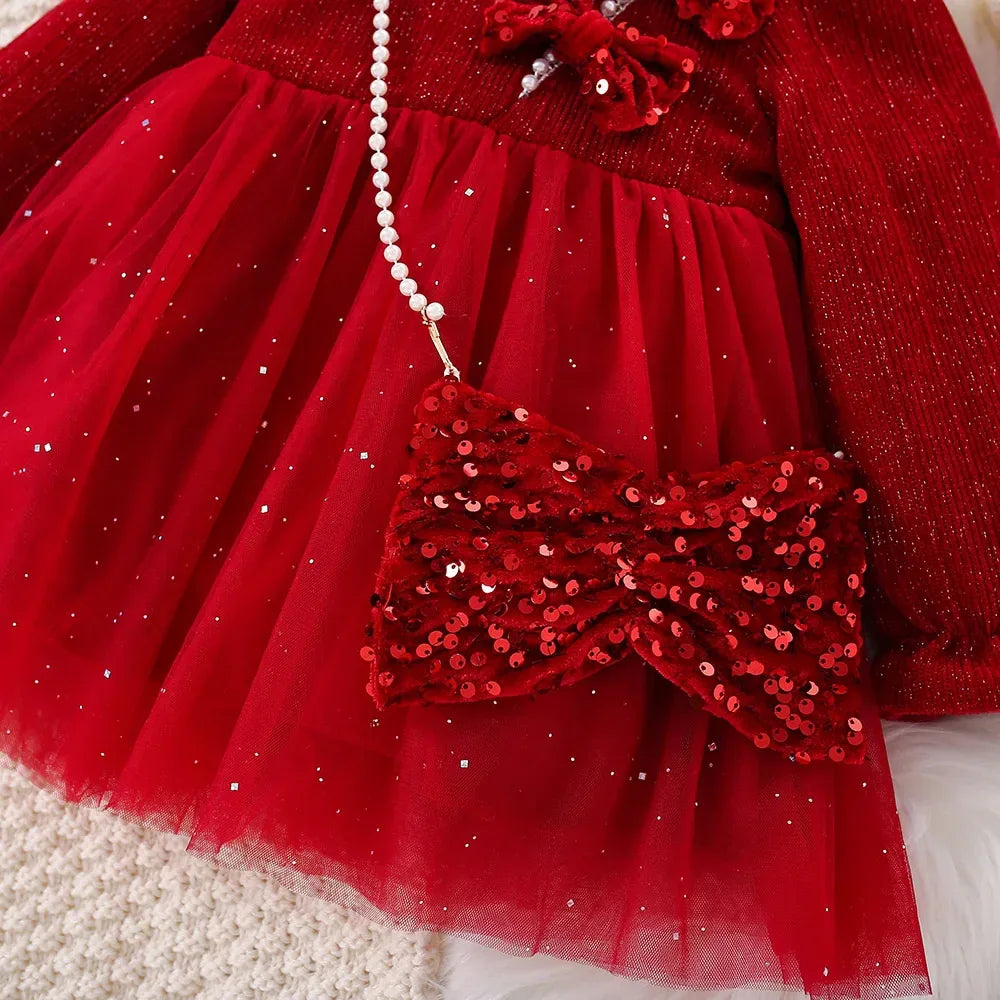 Elegant Baby Girl Dress Red Mesh Collar Pearl For Spring And Autumn - ToylandEU