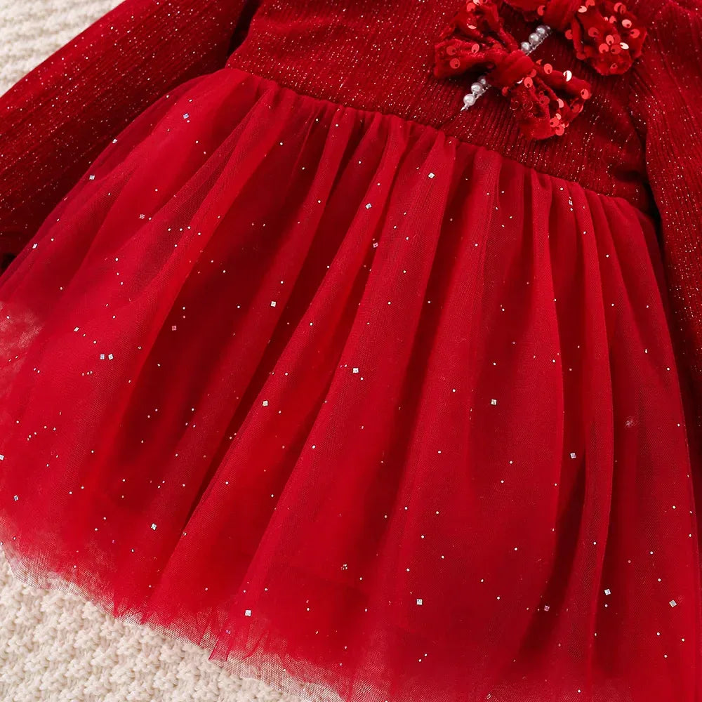 Elegant Baby Girl Dress Red Mesh Collar Pearl For Spring And Autumn - ToylandEU