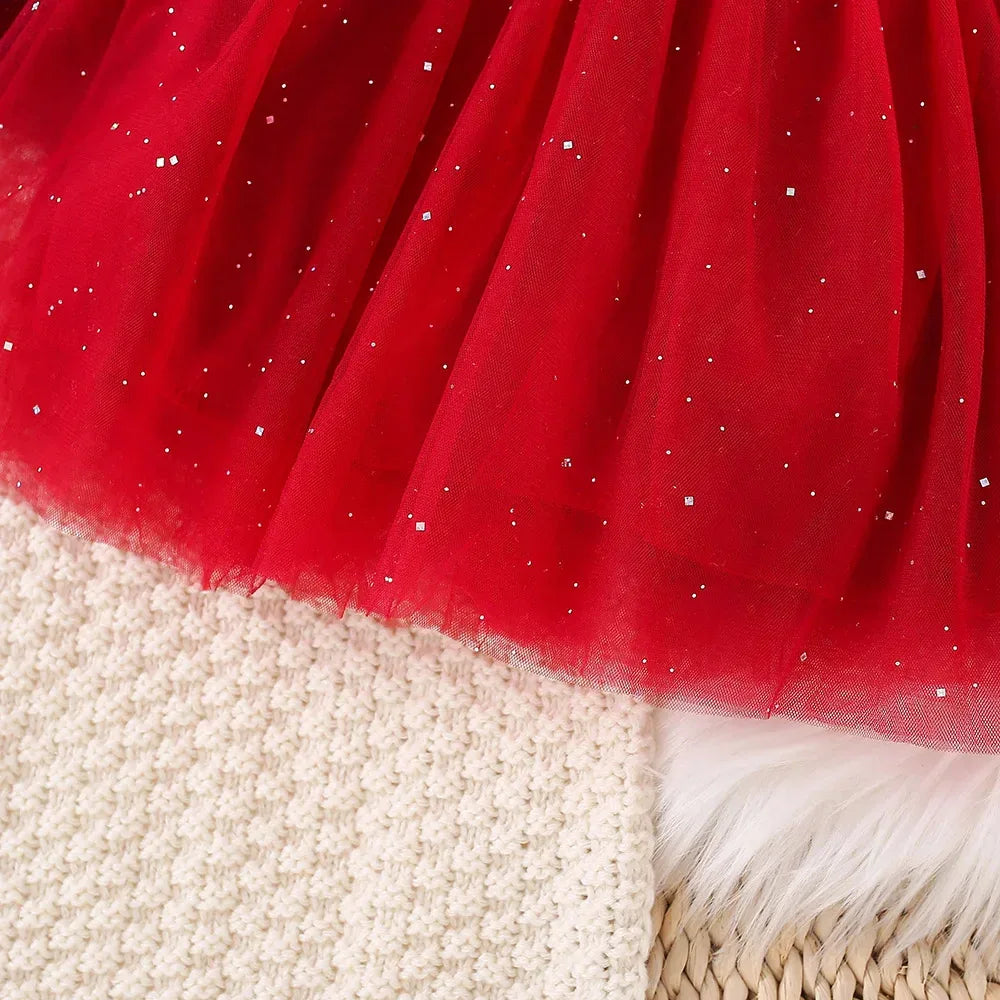 Elegant Baby Girl Dress Red Mesh Collar Pearl For Spring And Autumn - ToylandEU