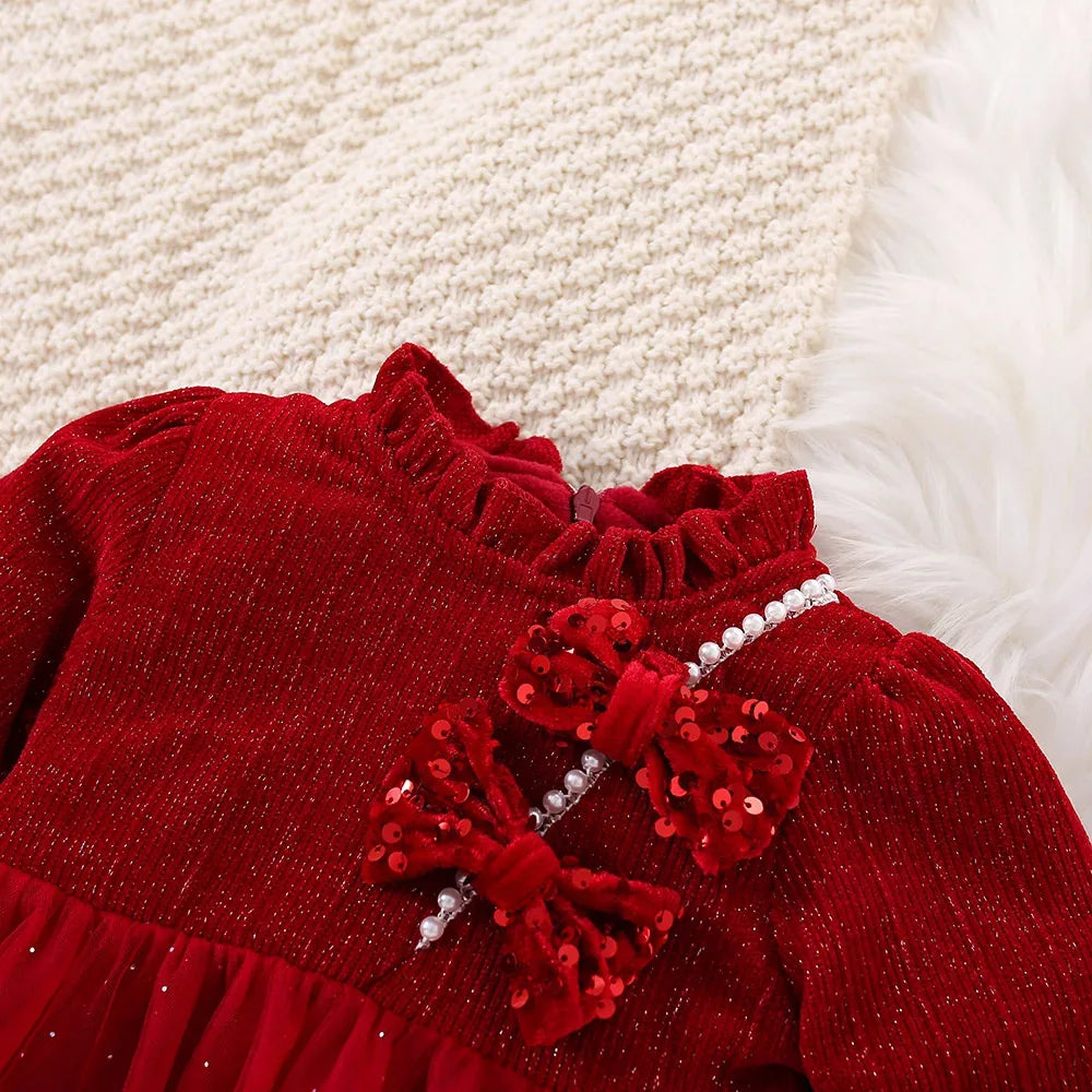 Elegant Baby Girl Dress Red Mesh Collar Pearl For Spring And Autumn - ToylandEU