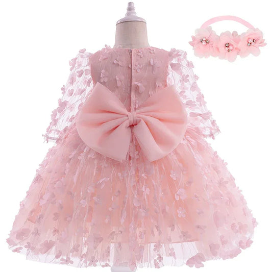 Elegant Baby Girl Dress With 3D Flower Bow For Baptism - ToylandEU