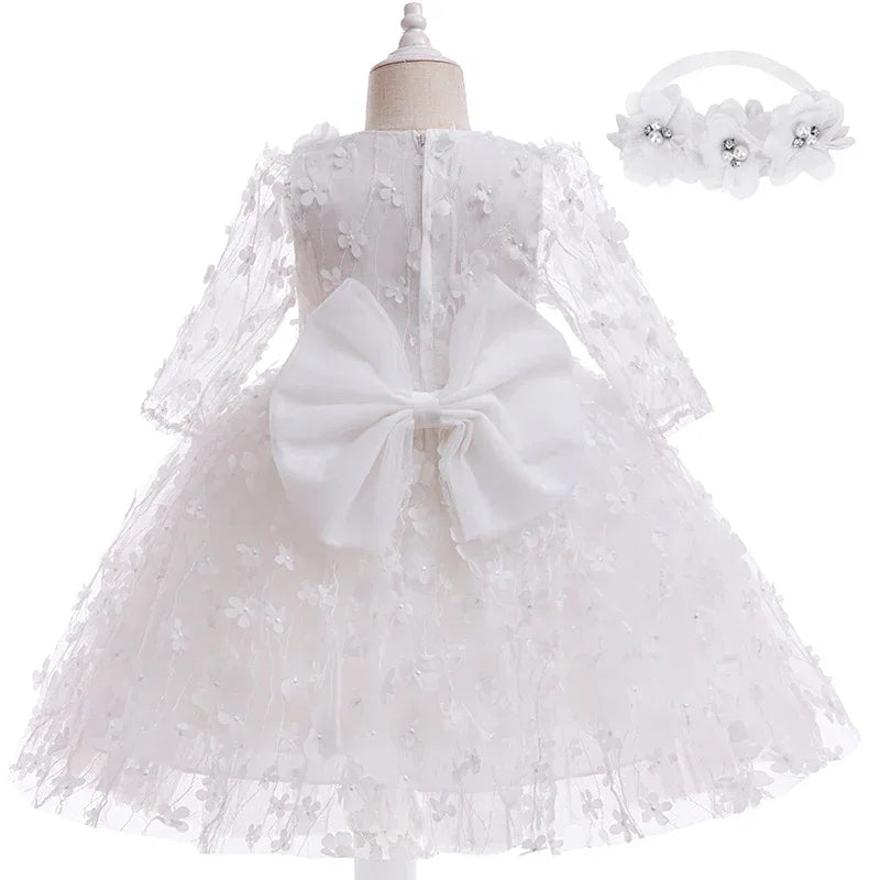 Elegant Baby Girl Dress With 3D Flower Bow For Baptism - ToylandEU