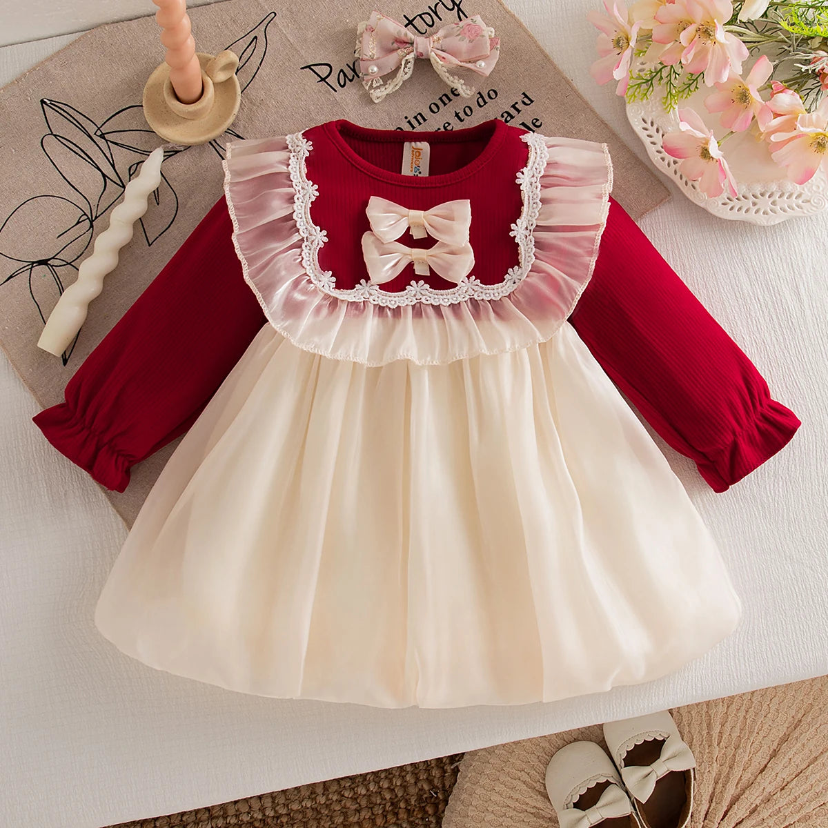 Elegant Knit Princess Gown Dress With Bow Trim Gauze For Toddler Girls Wedding Party - ToylandEU