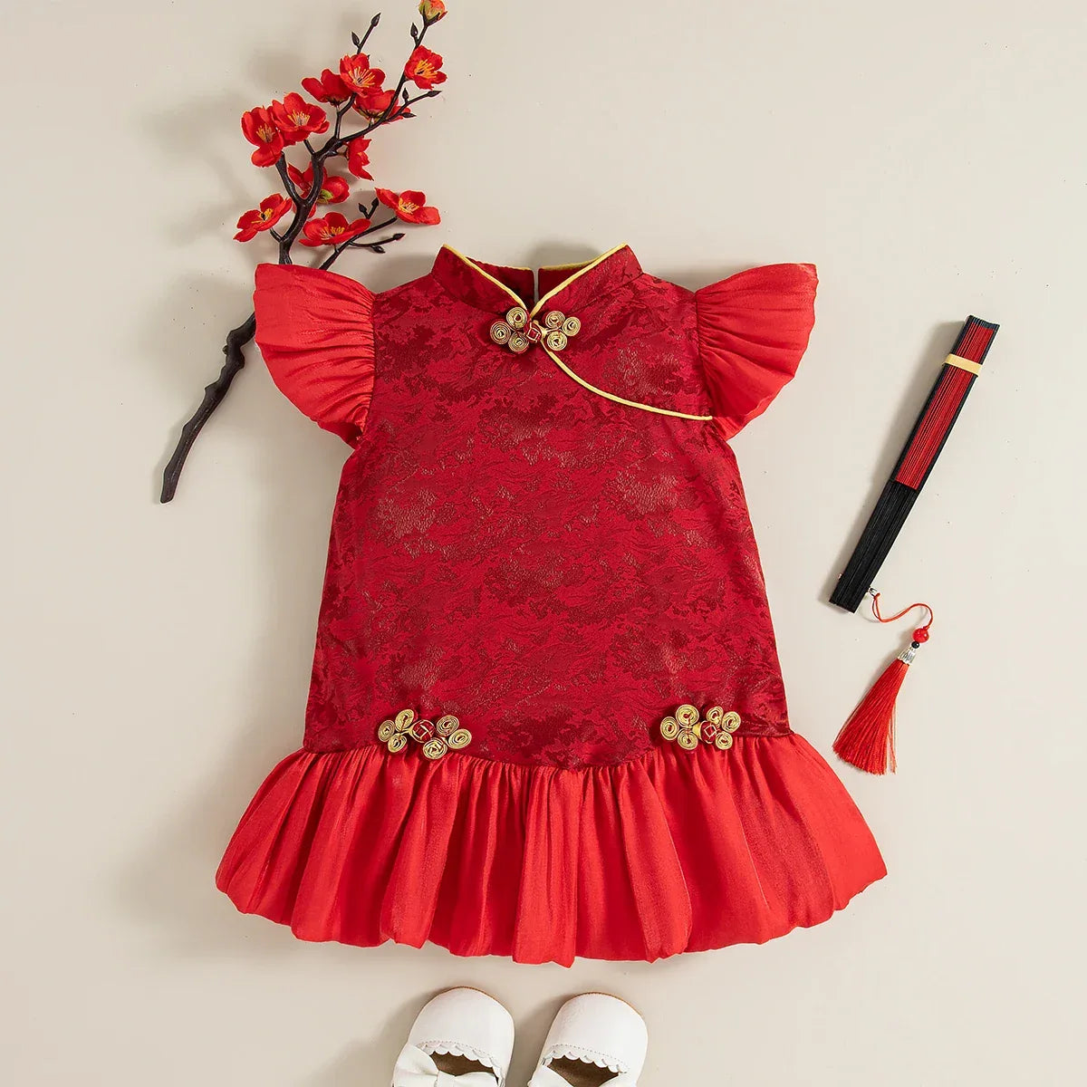 Elegant Qipao Dress Floral Jacquard With Chinese Knot Pendant For Baby Girls - ToylandEU