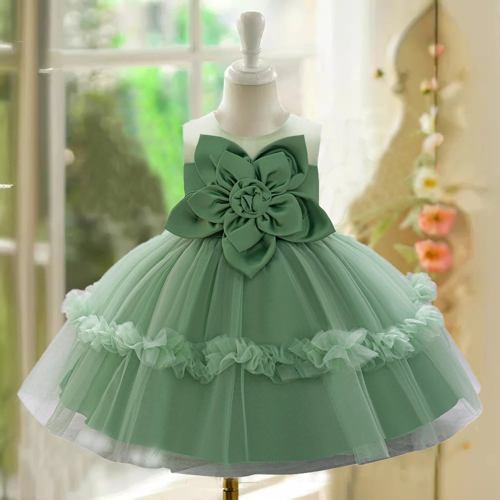 Elegant Tutu Dress For Baby Girls Floral Green With Big Flower For Parties And Weddings - ToylandEU