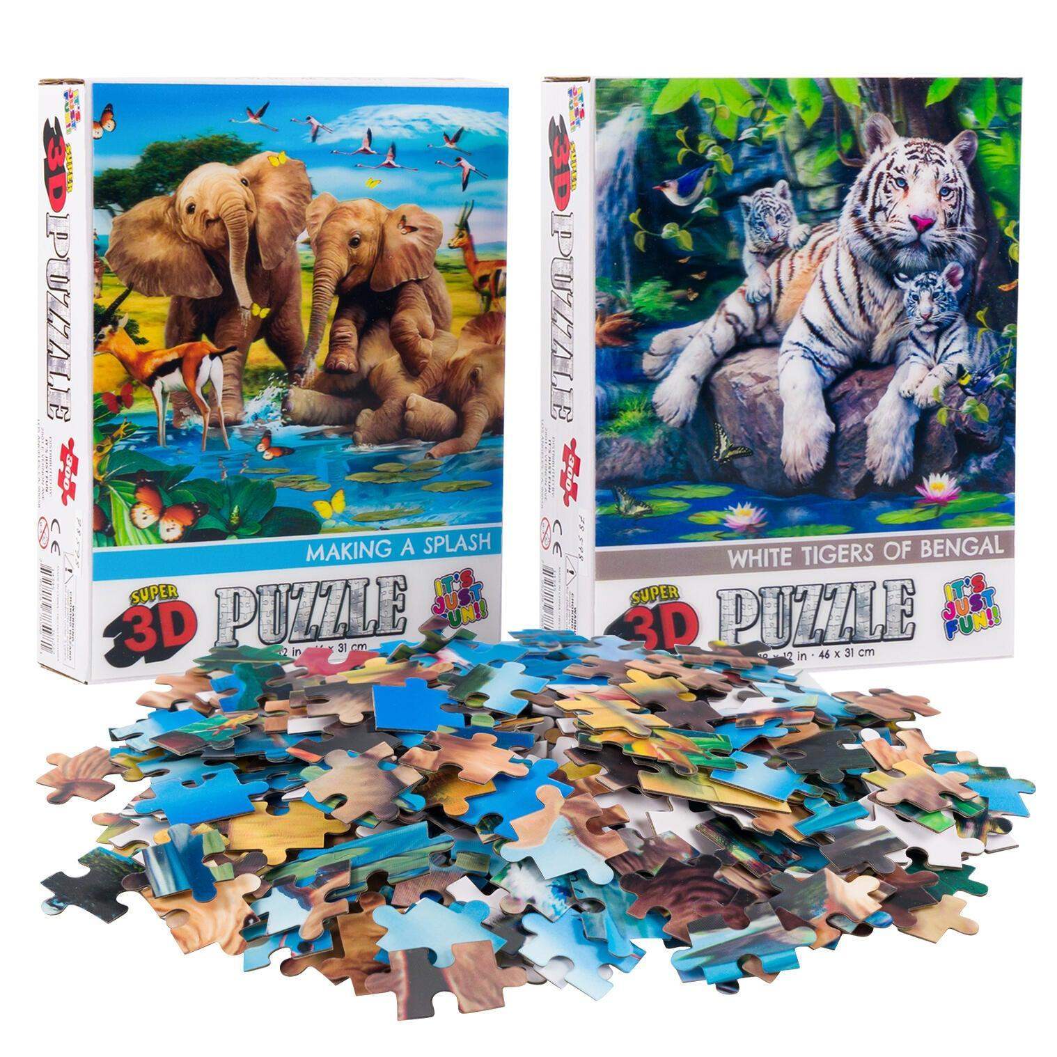 Elephants & Tigers Set of 2 300 Piece Lenticular Jigsaw Puzzles Prime 3D - Puzzle Merchant