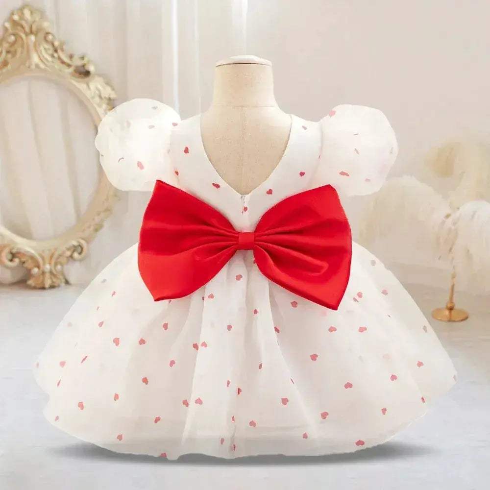 Eye Catching Baby Girl Princess Dress Dots Bow Puff Sleeves - ToylandEU
