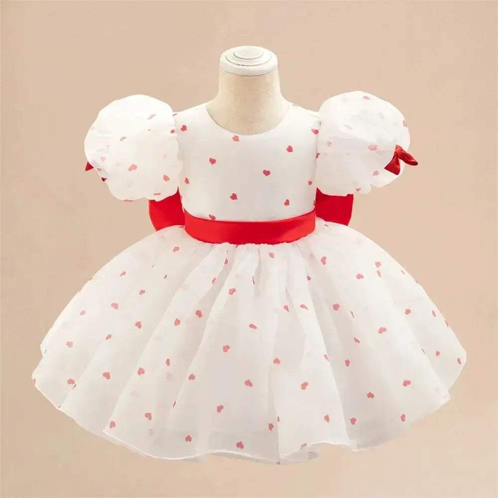 Eye Catching Baby Girl Princess Dress Dots Bow Puff Sleeves - ToylandEU