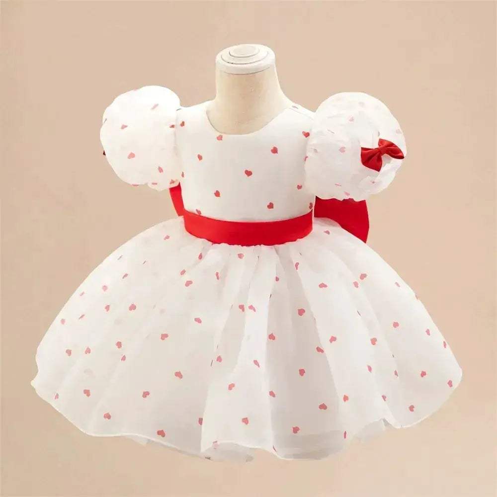 Eye Catching Baby Girl Princess Dress Dots Bow Puff Sleeves - ToylandEU