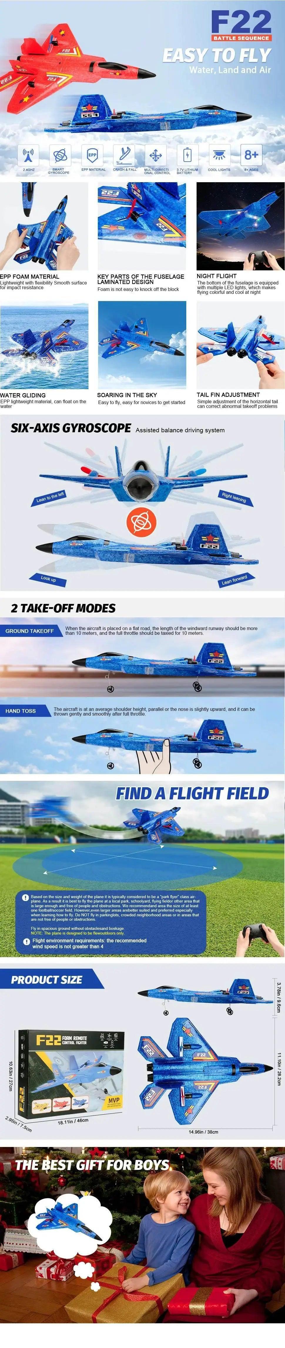  F22 Raptor RC Plane 2.4G 2CH With LED Lights For Kids -  ToylandEU™