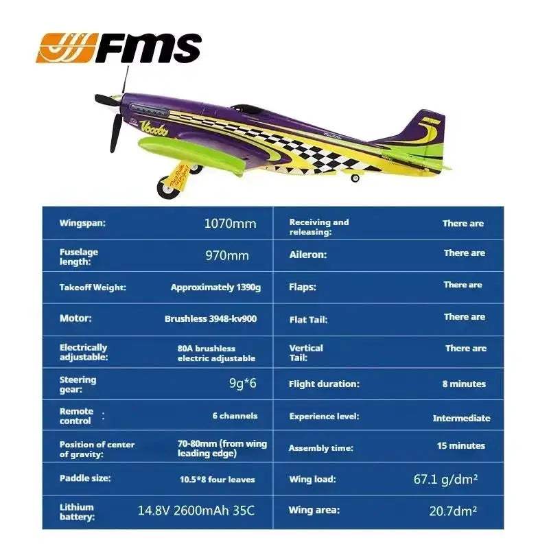 FMS P51 Mustang RC Plane 1100mm Brushless 160KMH Speed - ToylandEU