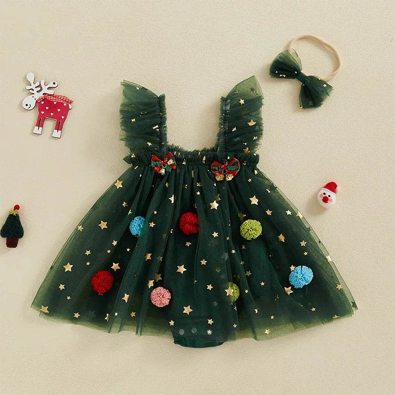 Festive Baby Girl Dress Star Print Square Neck Sleeveless Layered Tulle Romper With Plush Ball For Babies - ToylandEU