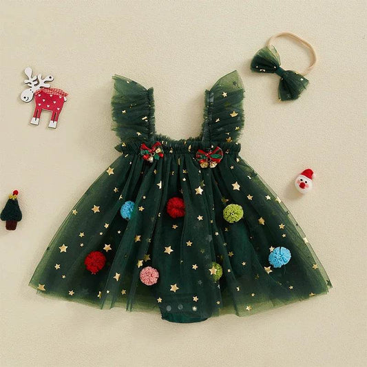 Festive Baby Girl Dress Star Print Square Neck Sleeveless Layered Tulle Romper With Plush Ball For Babies - ToylandEU