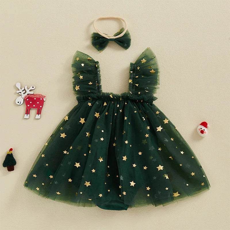 Festive Baby Girl Dress Star Print Square Neck Sleeveless Layered Tulle Romper With Plush Ball For Babies - ToylandEU