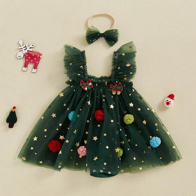 Festive Baby Girl Dress Star Print Square Neck Sleeveless Layered Tulle Romper With Plush Ball For Babies - ToylandEU