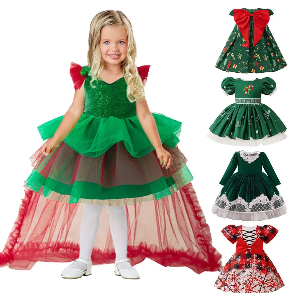 Festive Baby Girls Costume Dress Deer Themed Green Bow For Christmas Party - ToylandEU