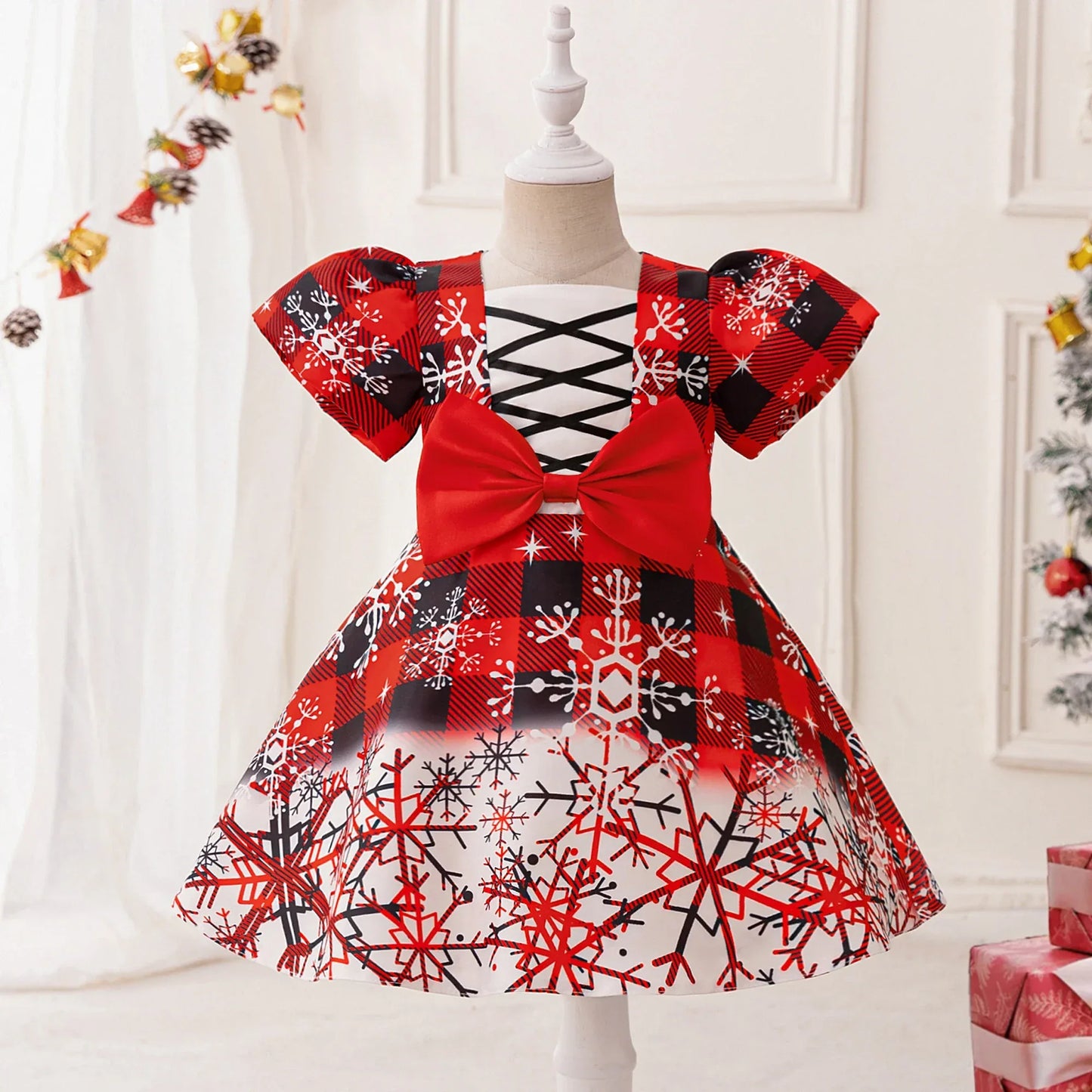 Festive Baby Girls Costume Dress Deer Themed Green Bow For Christmas Party - ToylandEU