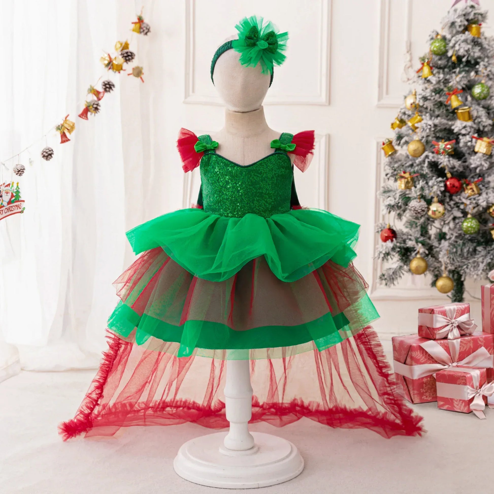 Festive Baby Girls Costume Dress Deer Themed Green Bow For Christmas Party - ToylandEU