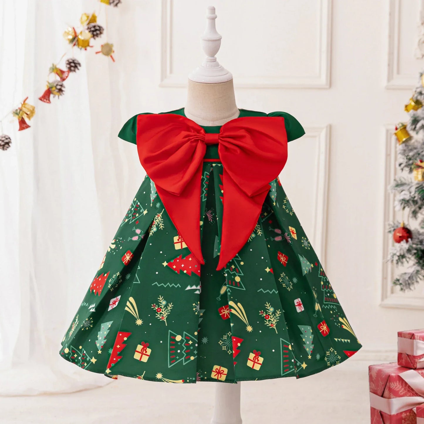 Festive Baby Girls Costume Dress Deer Themed Green Bow For Christmas Party - ToylandEU