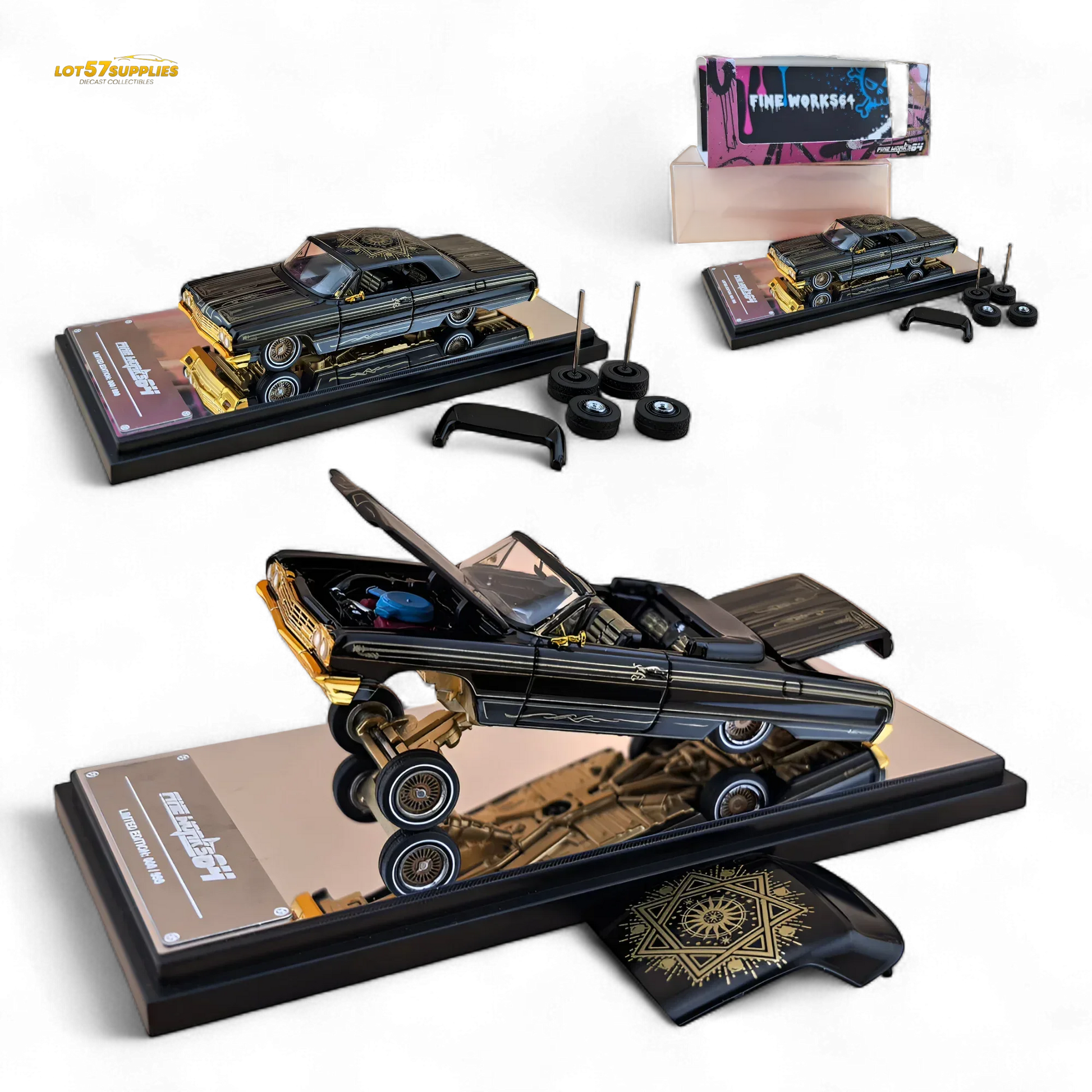 Chevrolet Impala Lowrider Diecast Scale Model Black Gold Livery - ToylandEU