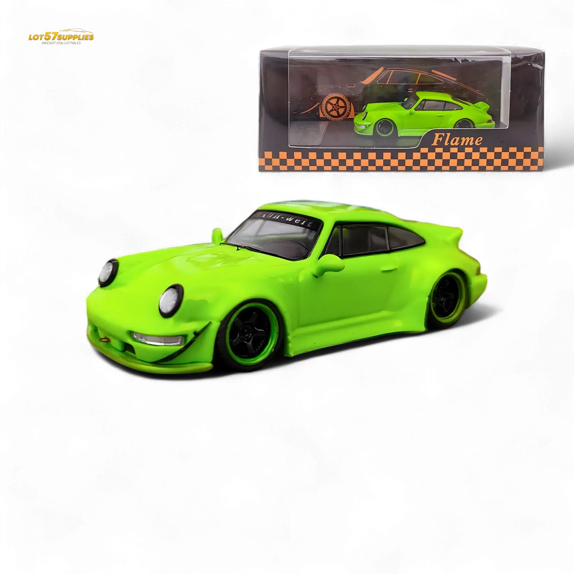 Flame Porsche 964 RWB Ducktail in Fluorescent Green 1:64 - ToylandEU