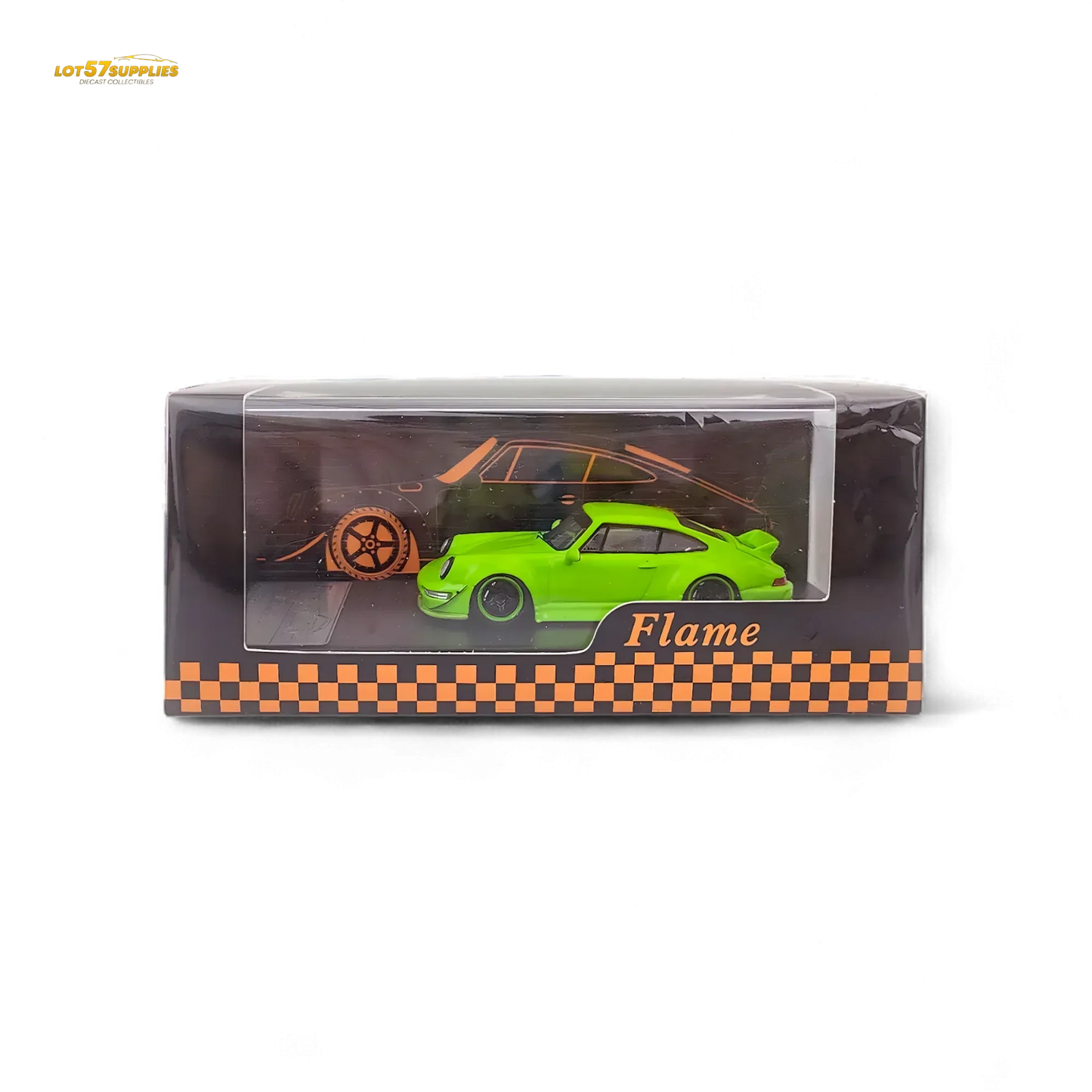 Flame Porsche 964 RWB Ducktail in Fluorescent Green 1:64 - ToylandEU