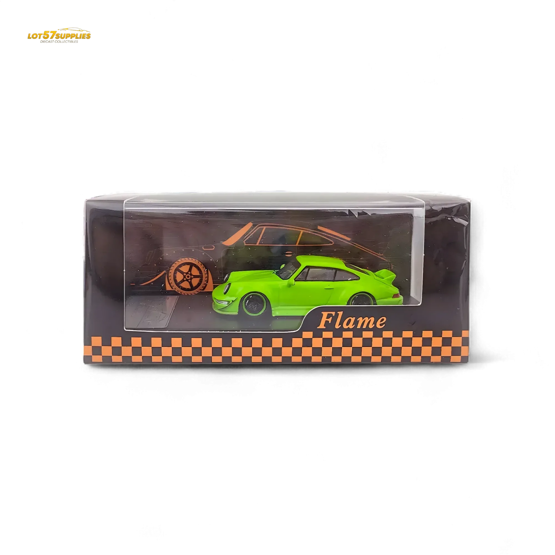 Flame Porsche 964 RWB Ducktail in Fluorescent Green 1:64 - ToylandEU